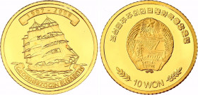North Korea 10 Won 2008
KM# 1199; Gold (0.916) 1.0 g., Proof; Sailing ship Elizabeth