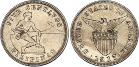 Philippines 5 Centavos 1917 S
KM# 164; Schön# 3.1; N# 4353; Copper-Nickel; U.S. Administration; Mint: San Francisco; UNC Toned