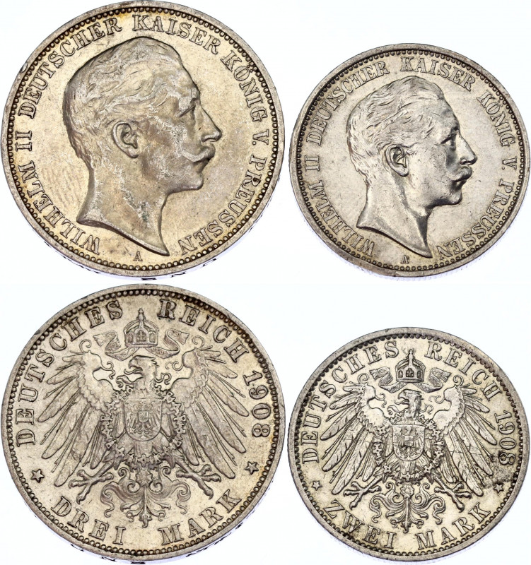 Germany - Empire Prussia 2 & 3 Mark 1908 A
KM# 522, 527; Silver; Wilhelm II