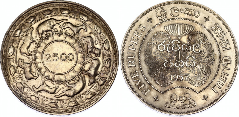 Sri Lanka 5 Rupees 1957
KM# 126; N# 15727; Silver; Elizabeth II; 2500th Anniver...