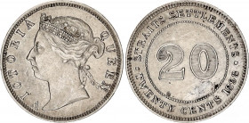 Straits Settlements 20 Cents 1898
KM# 12; N# 12776; Silver; Victoria; AUNC/UNC with hairlines.