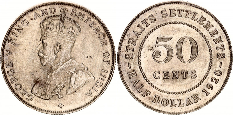 Straits Settlements 50 Cents 1920
KM# 35.1, N# 12778; Cross below bust; Silver;...