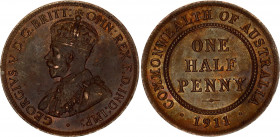Australia 1/2 Penny 1911
KM# 22; Schön# 13; N# 1564; Bronze; George V; Mint: London; UNC Toned