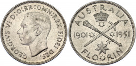 Australia 1 Florin 1951
KM# 47; Schön# 35; N# 12502; Silver; George VI; 50th Anniversary of Federation; Mint: Melbourne; UNC Toned