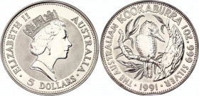 Australia 5 Dollars 1991
KM# 138; N# 22330; Silver; Elizabeth II; Australian Kookaburra; MInt: Perth; Mintage 6673; UNC Proof