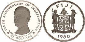 Fiji 10 Dollars 1980
KM# 46a, N# 12908; Silver., Proof; 10th Anniversary of Independence; Mintage 3001 pcs only