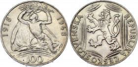 Czechoslovakia 100 Korun 1948
KM# 27; Schön# 34; N# 12650; Silver; 30th Anniversary of Independence; UNC Toned