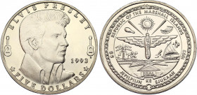 Marshall Islands 5 Dollars 1993 R
KM# 124; N# 27823; Copper-Nickel; Elvis Presley; Mint: Roger Williams Mint, Attleboro; UNC Toned