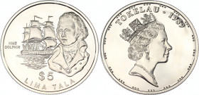 Tokelau 5 Dollars 1989
KM# 9, N# 22209; Silver., Proof; HMS Sail ship Dolphin; Captain John Byron