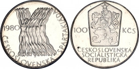 Czechoslovakia 100 Korun 1980 Spartakiade Proof
KM# 101; 5th Spartakiade Games. Silver, Proof. Mintage 10000 Only. In Original sealed box. Rare.