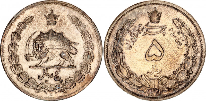 Iran 5 Rials 1932 AH 1311
KM# 1131, N# 8950; Silver; Rezā Pahlavī; AUNC with mi...