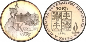 Czechoslovakia 50 Korun 1991 Karlovy Vary Proof
KM# 157; Silver, Proof. Mintage 5000 Only. In Original sealed box. Rare.