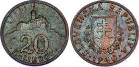 Slovakia 20 Halierov 1940
KM# 4; Schön# 3; N# 10938; Bronze; UNC Toned