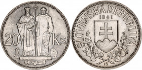 Slovakia 20 Korun 1941
KM# 7.1; Silver; St. Cyril and St. Methodius; UNC