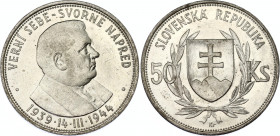 Slovakia 50 Korun 1944
KM# 10; Schön# 10; N# 6088; Silver; Fifth Anniversary of the Slovak Republic; UNC