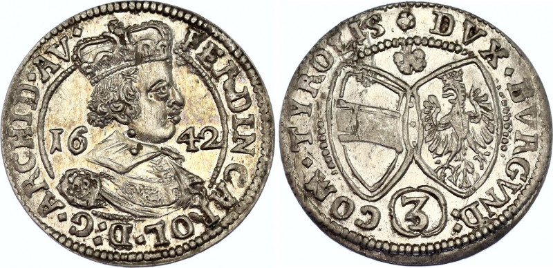 Austria Tyrol 3 Kreuzer 1642
KM# 852; N# 74100; Silver; Ferdinand Karl Regency;...