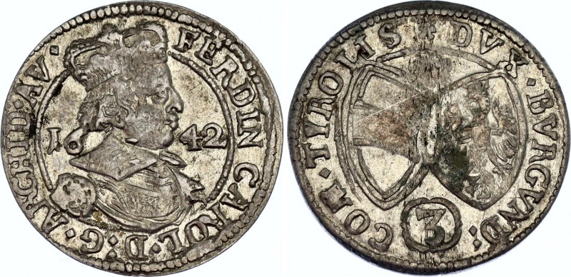 Austria Tyrol 3 Kreuzer 1642
KM# 852; N# 74100; Silver; Ferdinand Karl Regency;...