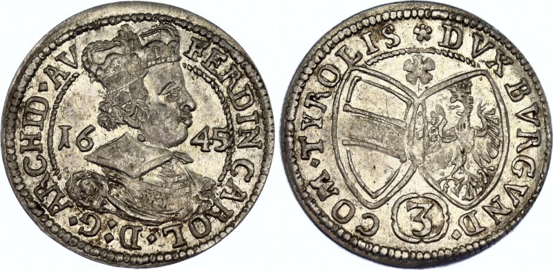 Austria Tyrol 3 Kreuzer 1645
KM# 852; N# 74100; Silver; Ferdinand Karl Regency;...