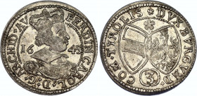 Austria Tyrol 3 Kreuzer 1645
KM# 852; N# 74100; Silver; Ferdinand Karl Regency; Mint: Hall; XF-AUNC Toned
