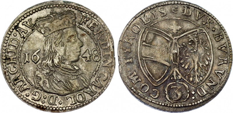 Austria Tyrol 3 Kreuzer 1648
KM# 852; N# 46985; Silver; Ferdinand Karl; VF-XF T...