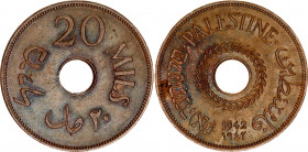 Palestine 20 Mils 1942 British Mandate
KM# 5a; Schön# 5a; Aharoni# 5; N# 16464; Bronze; Mint: London; UNC Toned