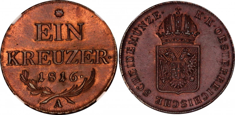 Austria 1 Kreuzer 1816 A NGC UNC
KM# 2113, N# 3169; Copper; Franz I; NGC UNC De...