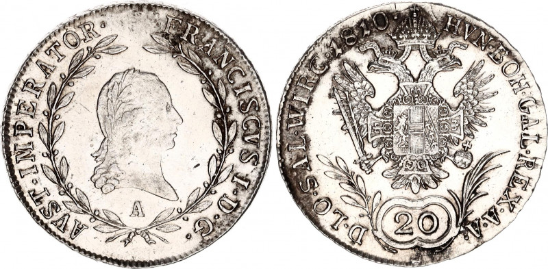 Austria 20 Kreuzer 1810 A
KM# 2141; Adamo# C30; N# 18835; Silver; Franz I; Mint...