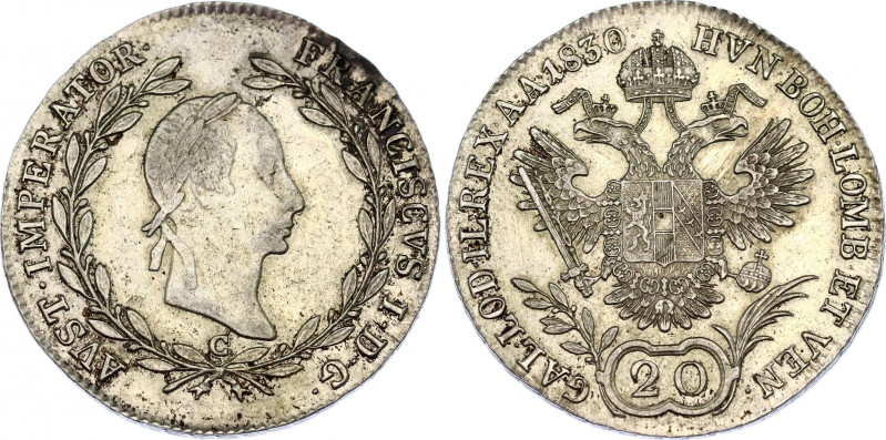 Austria 20 Kreuzer 1830 C
KM# 2145; Schön# 64; N# 22995; Silver; Franz I; Mint:...