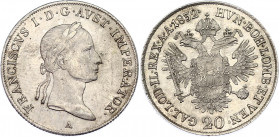 Austria 20 Kreuzer 1832 A
KM# 2147; Schön# 76; N# 14712; Silver; Franz I; Mint: Vienna; AUNC Toned