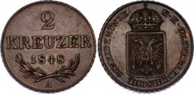 Austria 2 Kreuzer 1848 A
KM# 2188; N# 22368; Copper, Ferdinand I; Mint: Viena; UNC Toned