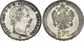 Austria 1/4 Florin 1860 V
KM# 2214; Schön# 123; N# 13806; Silver; Franz Joseph I; Mint: Venice; XF Toned