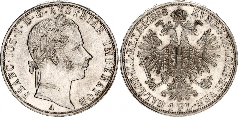 Austria 1 Florin 1858 A
KM# 2219, N# 7004; Silver; Franz Joseph I; UNC- with fu...