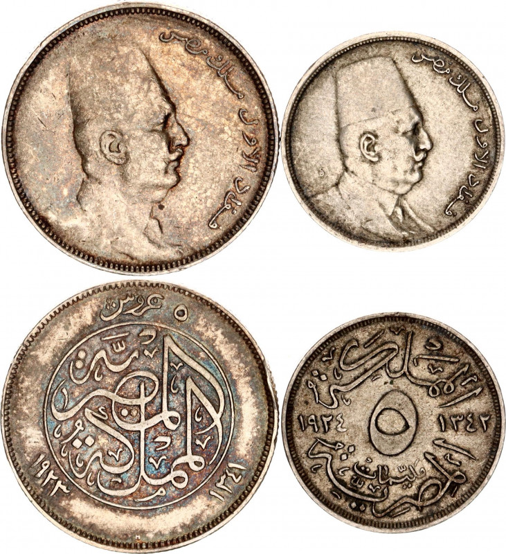 Egypt 5 Milliemes & 5 Piastres 1923 - 1924 AH 1341 - 1342
KM# 333, 336; With Si...