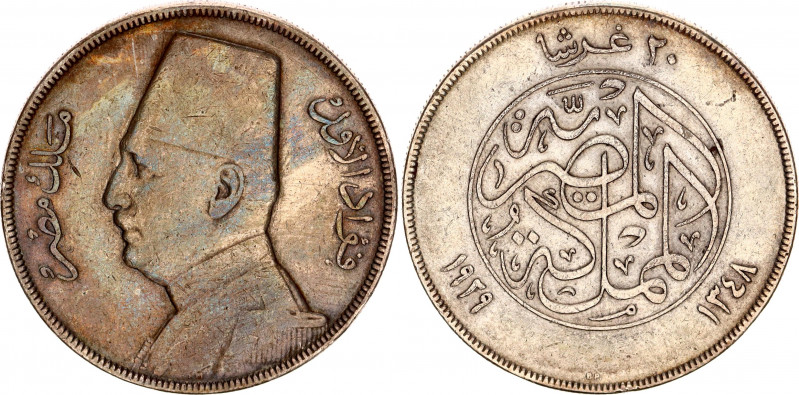 Egypt 20 Piastres 1929 BP AH 1348
KM# 352, N# 17842; Silver; Fuad; XF-