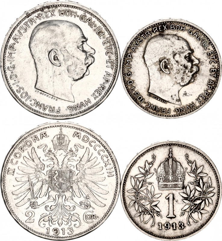 Austria 1 & 2 Corona 1913
KM# 2820, 2821; Silver; Franz Joseph I; XF+