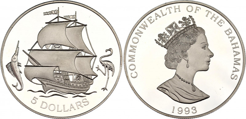 Bahamas 5 Dollars 1993
KM# 170, N# 58711;Silver., Proof; Sailing ship & flaming...