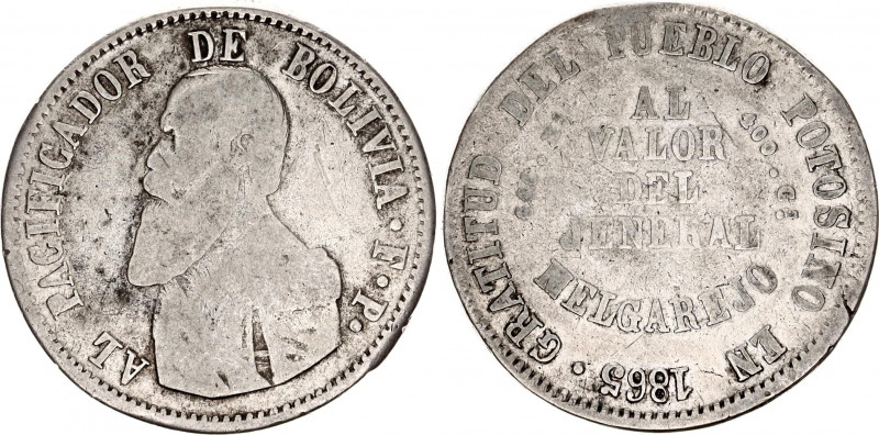 Bolivia 1 Melgarejo 1865 FP
KM# 146; N# 42613; Silver; F+.