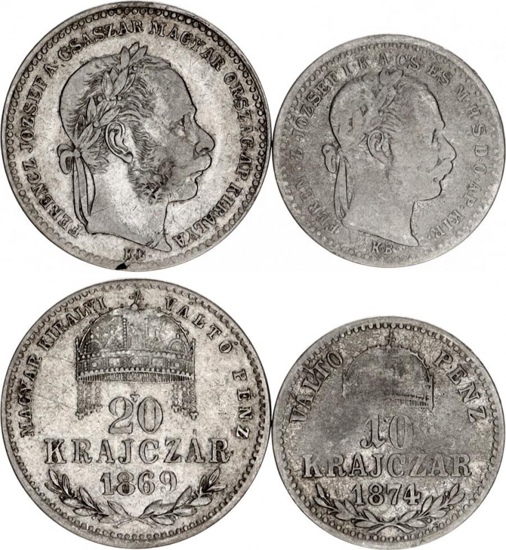 Hungary 10 & 20 Krajczar 1869 - 1874
KM# 446, 451; Silver; Franz Joseph I.