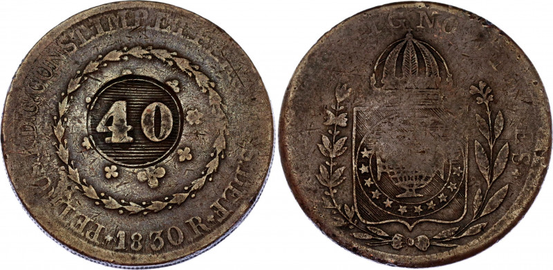 Brazil 40 Reis 1835 Overstrike over 80 Ries 1830 R
KM# 444.1; Pedro I; VF+/XF-