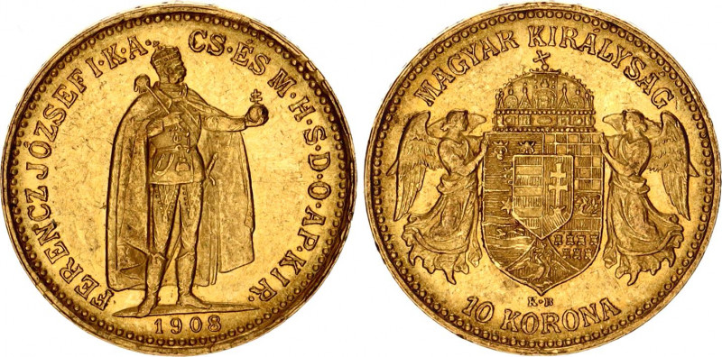 Hungary 10 Korona 1908 KB
KM# 485; Gold (.900) 3.39 g.; Franz Joseph I; Mint: K...