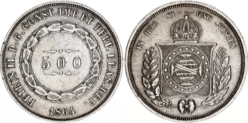 Brazil 500 Reis 1864
KM# 464; N# 3673; Silver; Pedro II; XF.