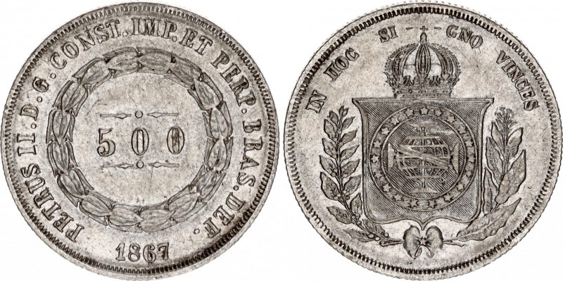 Brazil 500 Reis 1867
KM# 464; N# 3673; Silver; Pedro II; XF.