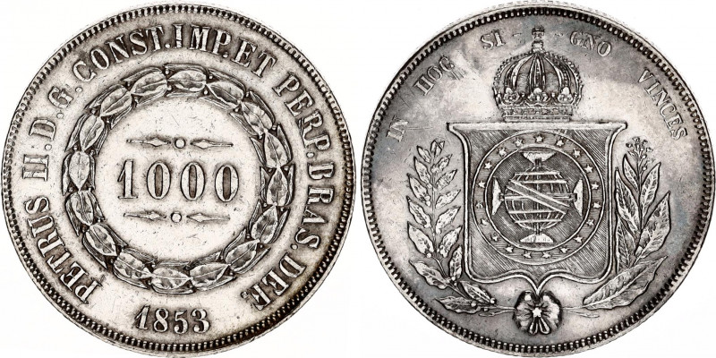 Brazil 1000 Reis 1853
KM# 465; N# 3671; Silver; Pedro II; XF.