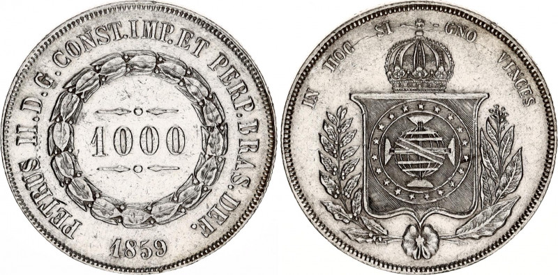 Brazil 1000 Reis 1859
KM# 465; N# 3671; Silver; Pedro II; XF.