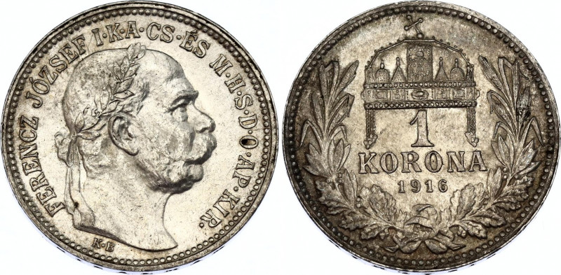 Hungary 1 Korona 1916 KB
KM# 492; ÉH# 1495; H# 2204; N# 12865; Silver; Franz Jo...