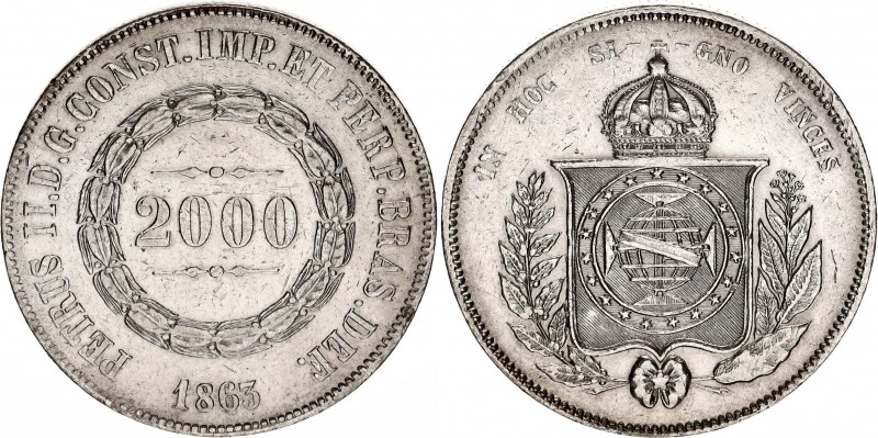 Brazil 2000 Reis 1863
KM# 466; N# 3658; Silver; Pedro II; XF.