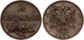Albania 2 Qindar Ari 1935 R
KM# 15; N# 10472; Bronze; Zog I; Mint: Rome; UNC Toned