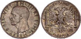 Albania 5 Lek 1939 R Italian Occupation
KM# 33; N# 11792; Silver 5.00 g.; Vittorio Emanuele III; Mint: Rome; UNC. Mint luster, nice dark patina.