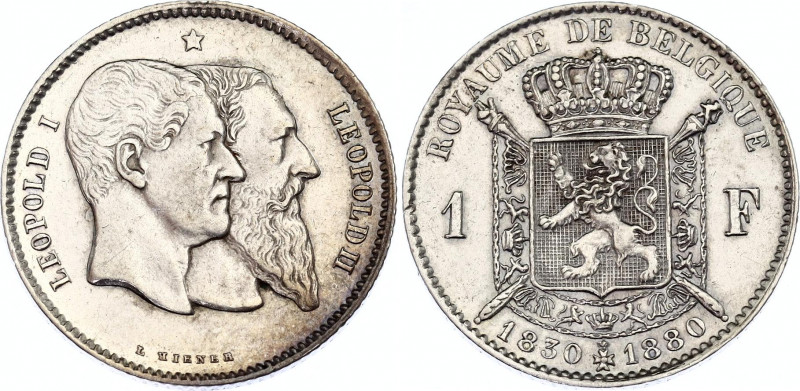 Belgium 1 Franc 1880
KM# 38; Mor# 191; N# 281; Silver; Leopold II; Fifty Years ...