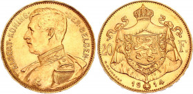 Belgium 20 Francs 1914
KM# 79; Schön# 32; N# 19913; Gold (.900) 6.45 g.; Albert I; Mint: Brussels; UNC Luster